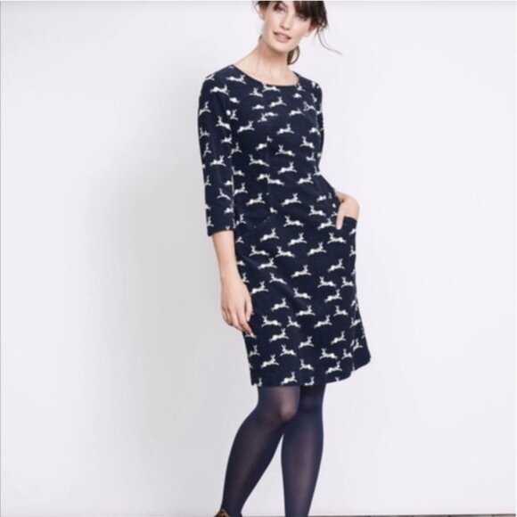 Boden 8P Corded Velvet Corduroy Rabbit Print Christina Dress Blue PETITE - Picture 11 of 11